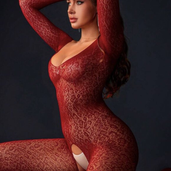 Red Floral Fishnet Full Body Bodysuit Lingerie - Picture 4 of 6